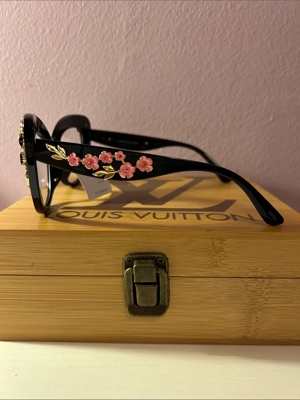 Black Cat-Eye Sunglasses with Pink Floral & Gold Leaf Accents